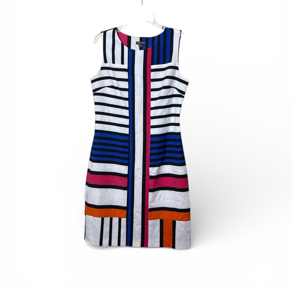 Summer Dress Sz 8 Black White Blue Colorblock Stripe Voir Voir